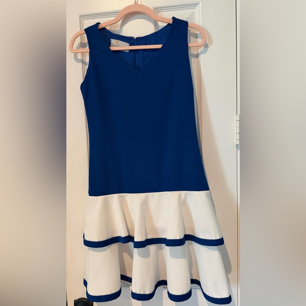 Vintage Fred Rothschild Navy and White Tiered Ruffle Hem Dress Size Small